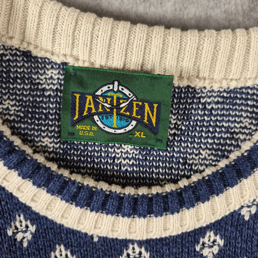 Vintage Jantzen Sweater Mens XL Blue Geometric Diamond Knit Crewneck Made in USA